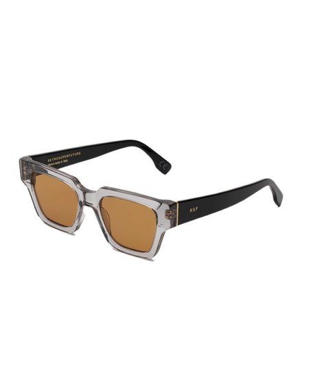 Lunettes de soleil rectangulaires grises avec verres marron clair vue de profile sur fond blanc
